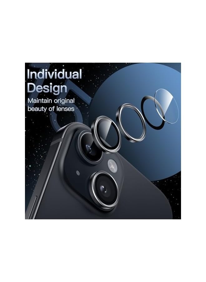 بروماس واقي عدسة الكاميرا لهاتف iPhone 15 6.1 بوصة وiPhone 15 Plus 6.7 بوصة، غطاء حلقة فردي معدني من الزجاج المقوى 9H، شفاف عالي الدقة، مجموعة واحدة (منتصف الليل) - Image 3