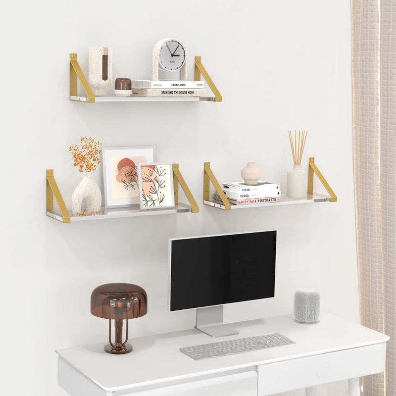 Cilinta Clear Shelves, Gold Floating Shelves Wall Mounted Set of 2, 8mm Transparent Acrylic, Invisible Wall Shelves for Bedroom, Living Room, Bathroom, Kitchen, Office Display Decor (15in) - Image 5