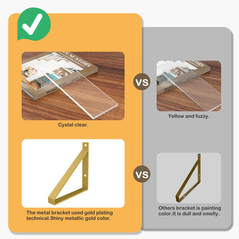 Cilinta Clear Shelves, Gold Floating Shelves Wall Mounted Set of 2, 8mm Transparent Acrylic, Invisible Wall Shelves for Bedroom, Living Room, Bathroom, Kitchen, Office Display Decor (15in) - Image 3