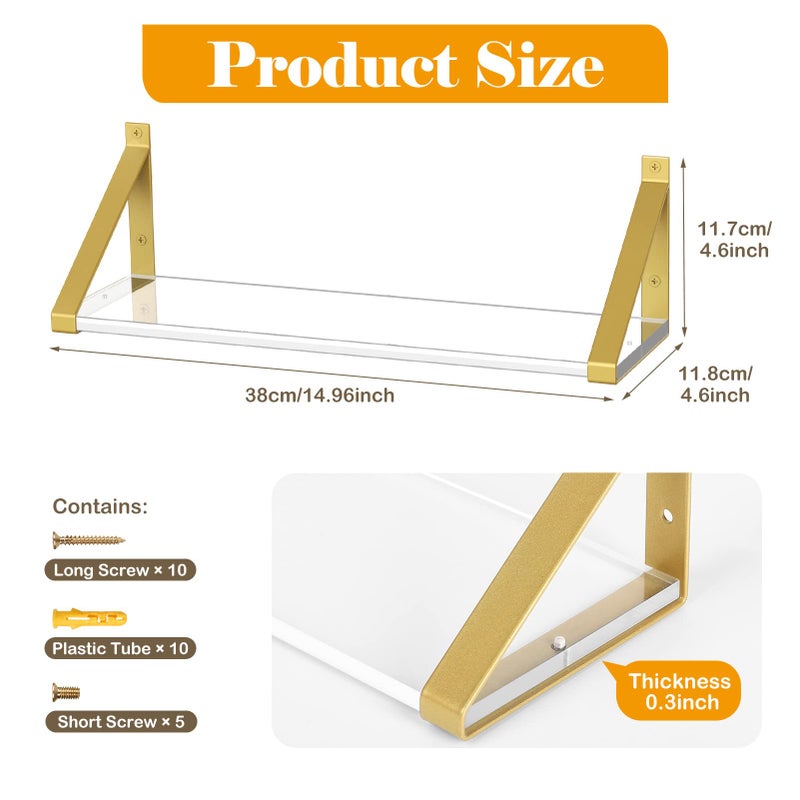 Cilinta Clear Shelves, Gold Floating Shelves Wall Mounted Set of 2, 8mm Transparent Acrylic, Invisible Wall Shelves for Bedroom, Living Room, Bathroom, Kitchen, Office Display Decor (15in) - Image 2