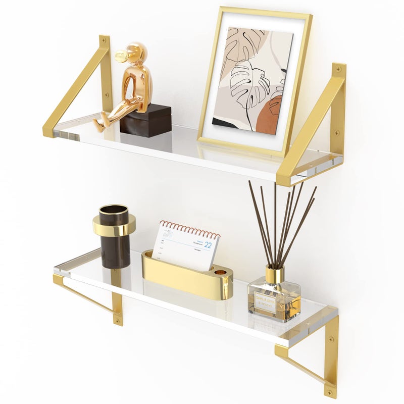 Cilinta Clear Shelves, Gold Floating Shelves Wall Mounted Set of 2, 8mm Transparent Acrylic, Invisible Wall Shelves for Bedroom, Living Room, Bathroom, Kitchen, Office Display Decor (15in) - Image 1