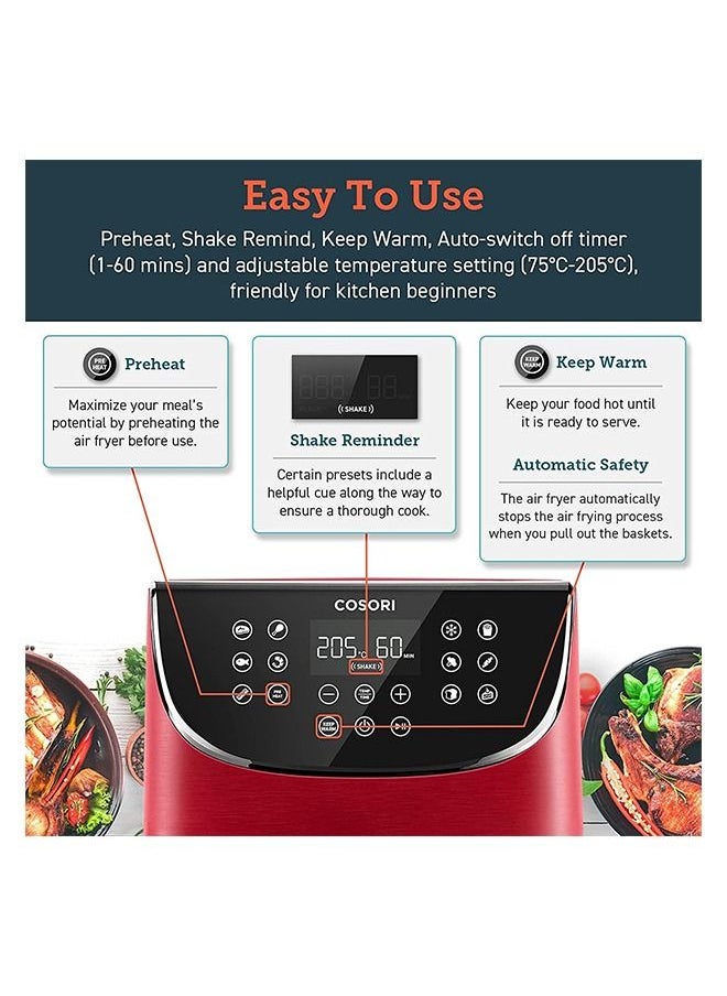 Digital Air Fryer CP158-AF-RED Oven Combo 5.5L Max Xl Large Nonstick Basket Cooker One-LED Display with Touch Screen Dishwasher-Safe Square Design Basket with Free Recipes Cookbook, RED