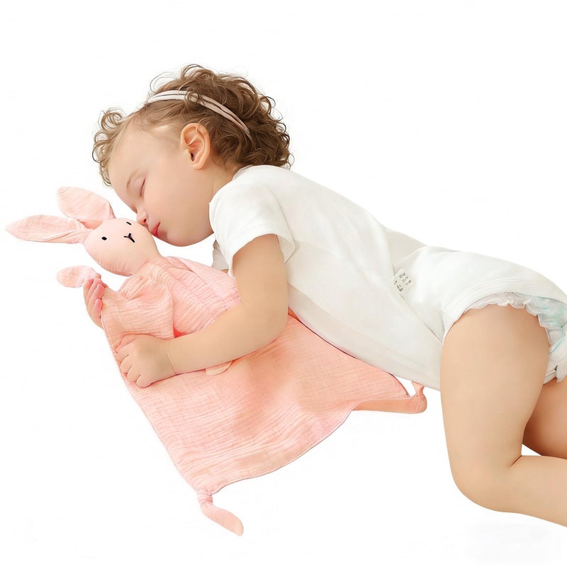 ZIGJOY Bunny Lovey Muslin Cotton Baby Security Blanket Soft Breathable Lovies for Babies Gifts for Newborn Infant Toddler Boys and Girls, Pink - Image 1