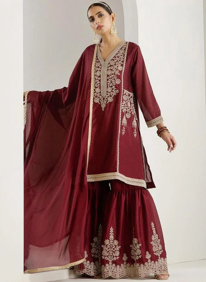ISHIN Embroidered V-Neck Kurta and Sharara with Dupatta Set