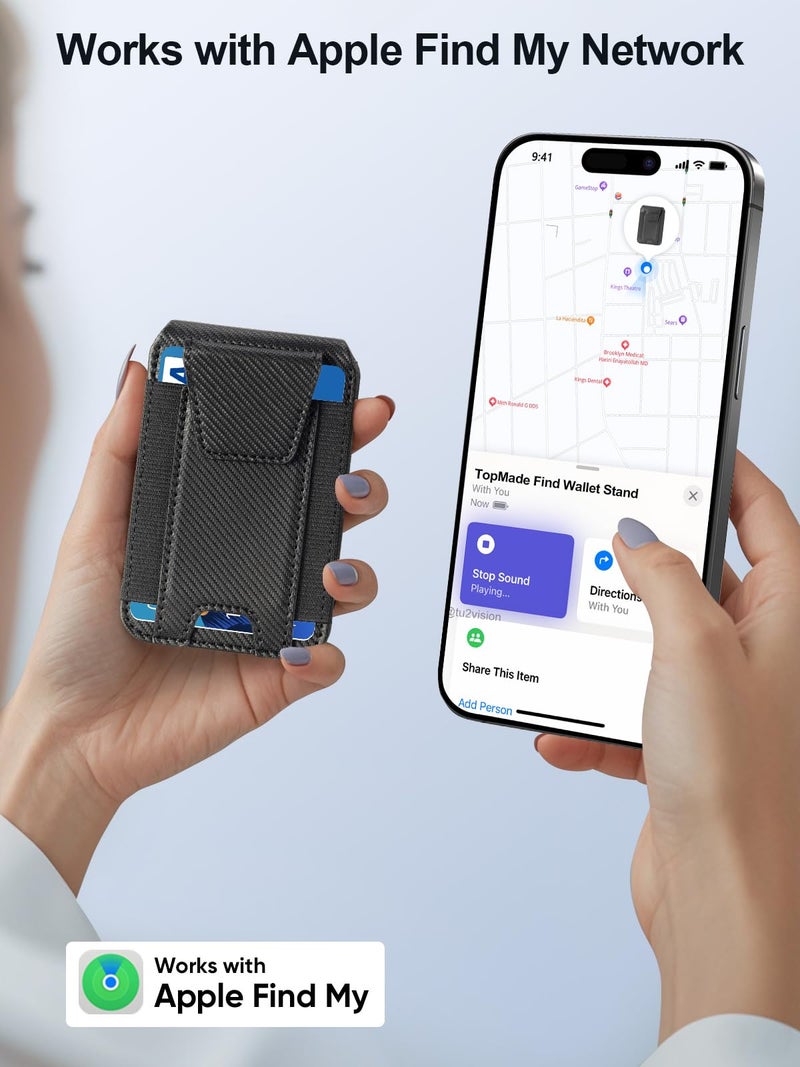 TopMade for Magsafe Wallet, Works with Apple Find My, Strongest Magnetic Wallet for iPhone 17/16/15/14/13/12 Series, Magnetic Card Holder with Adjustable Stand, 9 Cards Holder, Carbon Fiber Black - Image 2
