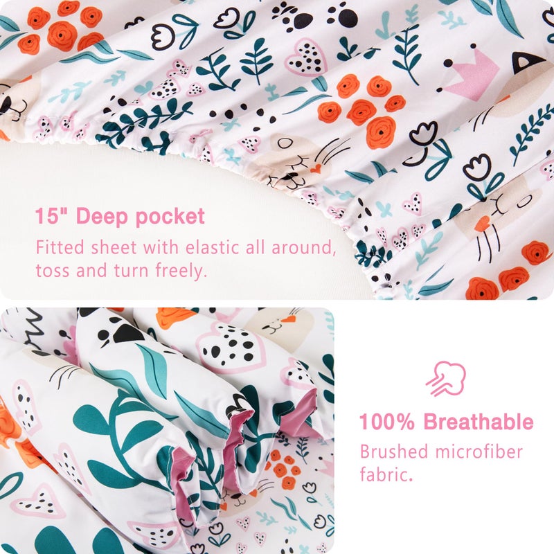 Mooreeke Twin Size Comforter Sets for Girls Kids, 6 Pieces Bed in a Bag Flower and Cat Bedding Comforter Sheet Set with Shams and Decorative Toy Pillow, Ultral Soft Microfiber Kids Bed Set - Image 4