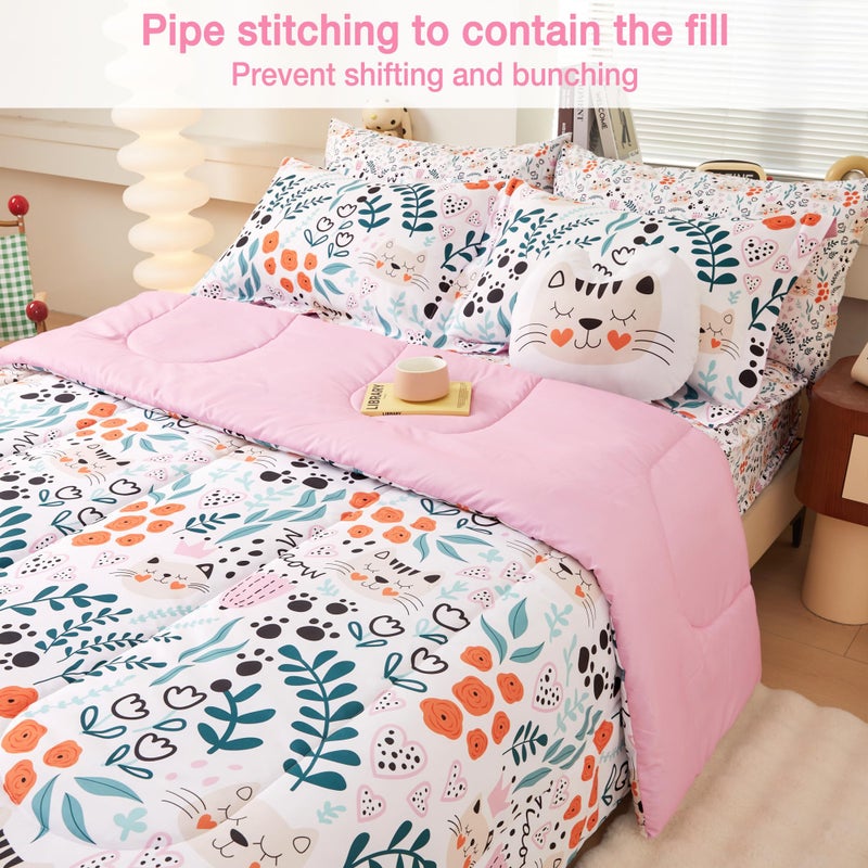 Mooreeke Twin Size Comforter Sets for Girls Kids, 6 Pieces Bed in a Bag Flower and Cat Bedding Comforter Sheet Set with Shams and Decorative Toy Pillow, Ultral Soft Microfiber Kids Bed Set - Image 2