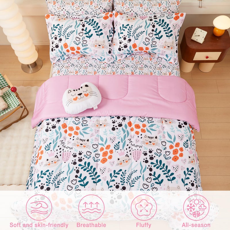 Mooreeke Twin Size Comforter Sets for Girls Kids, 6 Pieces Bed in a Bag Flower and Cat Bedding Comforter Sheet Set with Shams and Decorative Toy Pillow, Ultral Soft Microfiber Kids Bed Set - Image 5