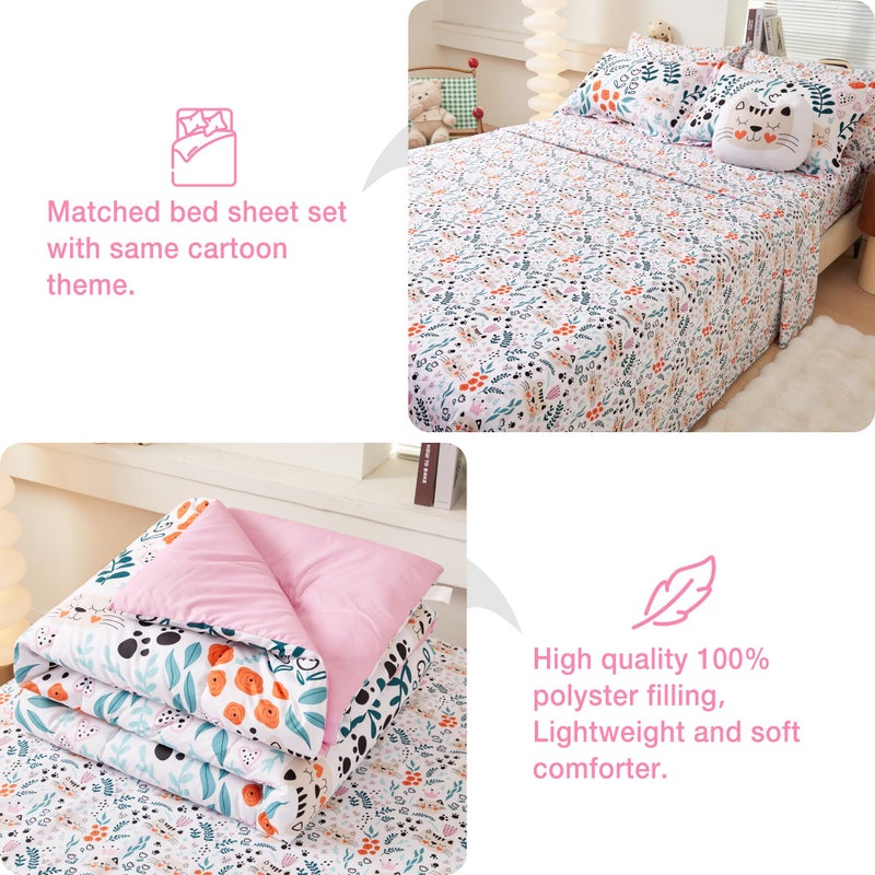 Mooreeke Twin Size Comforter Sets for Girls Kids, 6 Pieces Bed in a Bag Flower and Cat Bedding Comforter Sheet Set with Shams and Decorative Toy Pillow, Ultral Soft Microfiber Kids Bed Set - Image 3