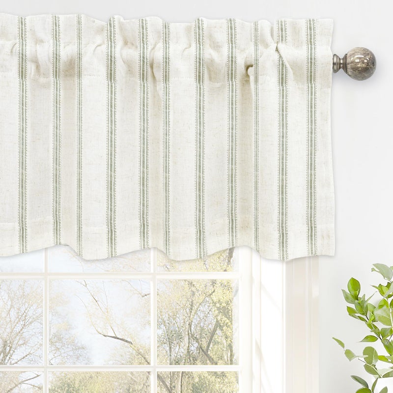 DriftAway Farmhouse Linen Lined Valance Double Layer Thermal Insulated Room Darkening Blackout Window Valances 3 Inch Rod Pocket Vertical Striped Kitchen Valance Single 52 Inch by 14 Inch Loden Green - Image 1