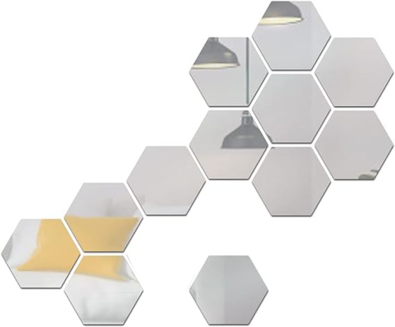 12pcs Hexagonal Mirror Wall Stickers Removable Wall Stickers DIY Acrylic Decorative Mirror Home Decorations for Bedroom Bathroom Living Room Silver 12PCS - Image 1