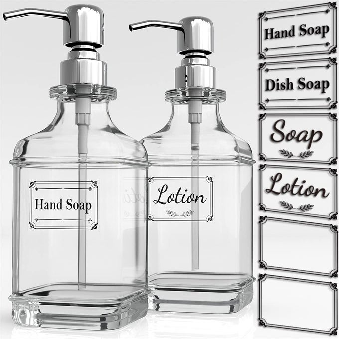 SOAP DISPENSER 2 PACK 18 OZ ANTIQUE DESIGN THICK GLASS HAND SOAP DISPENSERS WITH 304 RUST PROOF STAINLESS STEEL PUMP 6PCS CLEAR STICKERS FOR KITCHEN BATHROOM SILVER