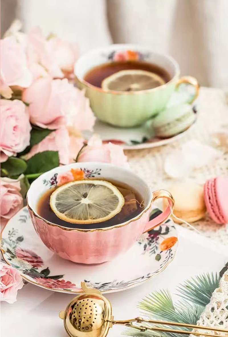 Rain House Porcelain Tea Cup with Saucers and Spoon, 2 Sets of 8 Oz Floral Coffee Mug with Gold Trim Holder, Royal Ceramic Teacup Set, Espresso Latte Mugs for Wedding Birthday Table Supplies (Pink + Apple Green) - Image 3