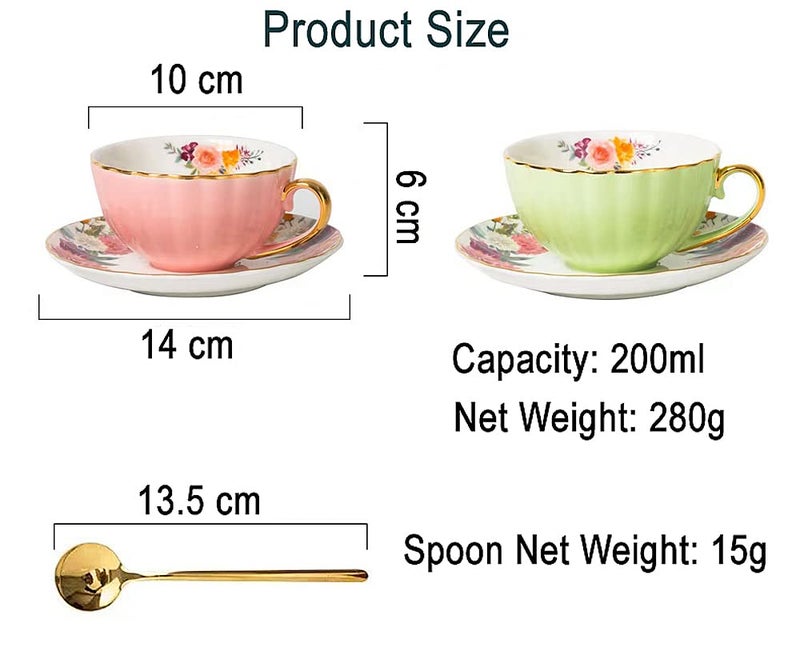 Rain House Porcelain Tea Cup with Saucers and Spoon, 2 Sets of 8 Oz Floral Coffee Mug with Gold Trim Holder, Royal Ceramic Teacup Set, Espresso Latte Mugs for Wedding Birthday Table Supplies (Pink + Apple Green) - Image 4