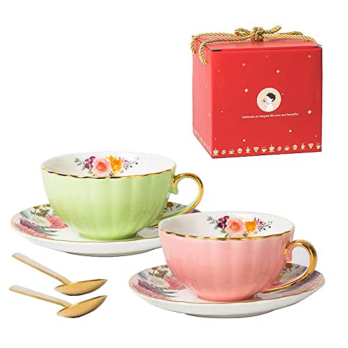 Rain House Porcelain Tea Cup with Saucers and Spoon, 2 Sets of 8 Oz Floral Coffee Mug with Gold Trim Holder, Royal Ceramic Teacup Set, Espresso Latte Mugs for Wedding Birthday Table Supplies (Pink + Apple Green) - Image 1