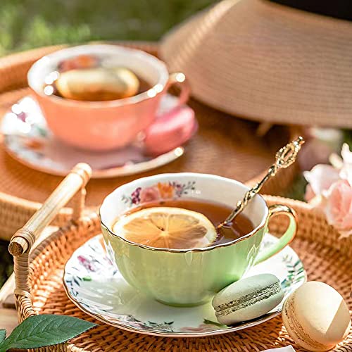 Rain House Porcelain Tea Cup with Saucers and Spoon, 2 Sets of 8 Oz Floral Coffee Mug with Gold Trim Holder, Royal Ceramic Teacup Set, Espresso Latte Mugs for Wedding Birthday Table Supplies (Pink + Apple Green) - Image 2