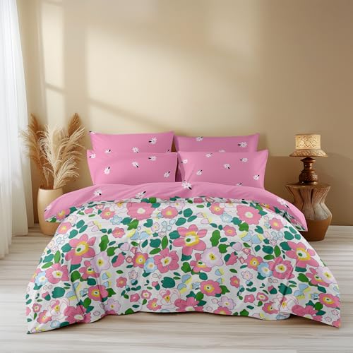 LOOMLYFE 300 TC Cotton All Season King Size Ac Comforter || Blanket || Duvet with 1 King Size Flat Bedsheet 108X108 Inch and 2 Large Pillow Cover - 4 Piece Comforter Set - PinkFlowers - Image 1