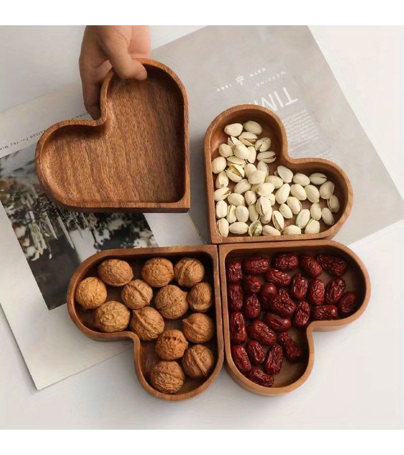 Vintage Color Heart Shaped Acacia Wood Tray For Nuts And Appetizers Large - Image 1