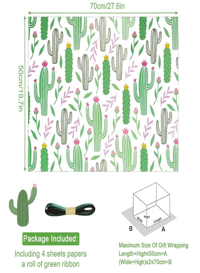 Boerni Cactus Wrapping Paper for Women Men, Green Cacti with Pink Yellow Flowers Tropical Gift Wrap Paper, 19.7x27.5 Inch Folded Flat Green Plant Art Paper for Summer Holiday Birthday Baby Shower DIY Craft - Image 2