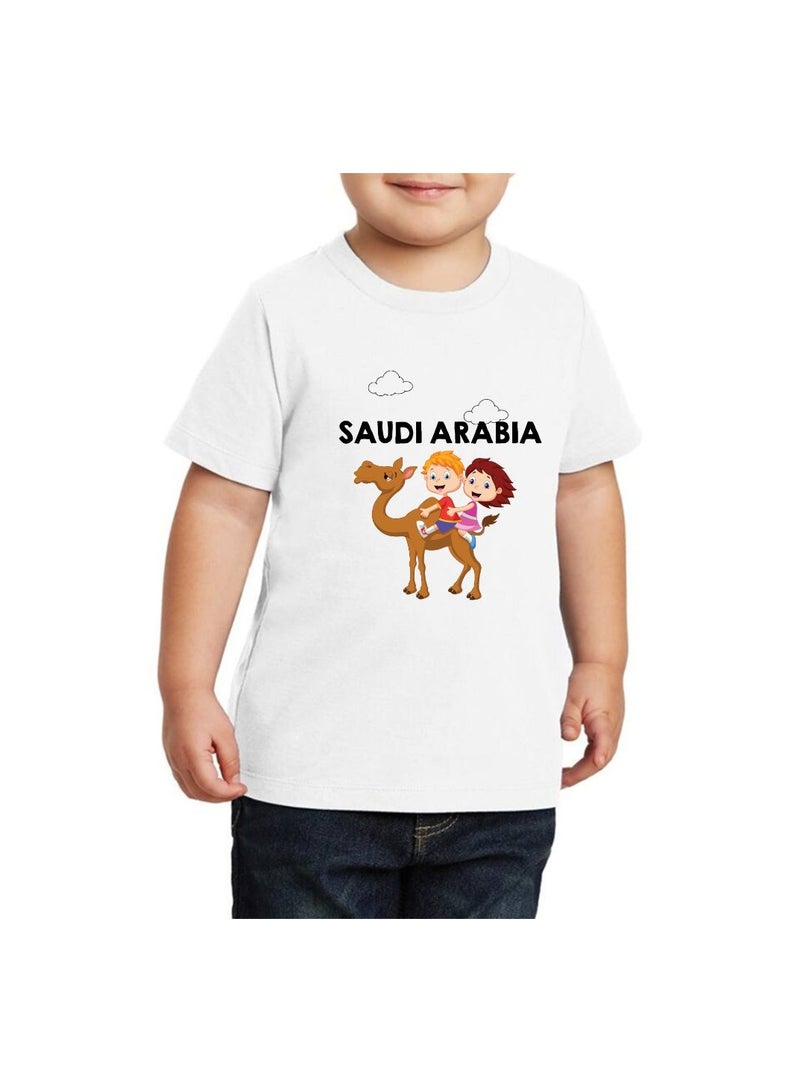 Saudi Arabia-Themed Boys Souvenir T-Shirt for Kids - Short Sleeve Round Neck Cotton Tshirt - Saudi Design with Camel - Ideal for School, Playtime - Image 1