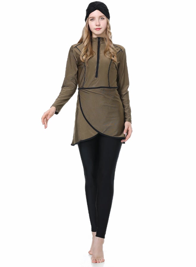 MARGOUN Women 2XL Size Muslim Swimming Costume for Women 3 Piece Full Coverage Zipper Front Swimwear Islamic Rash Guard Brown - Image 1