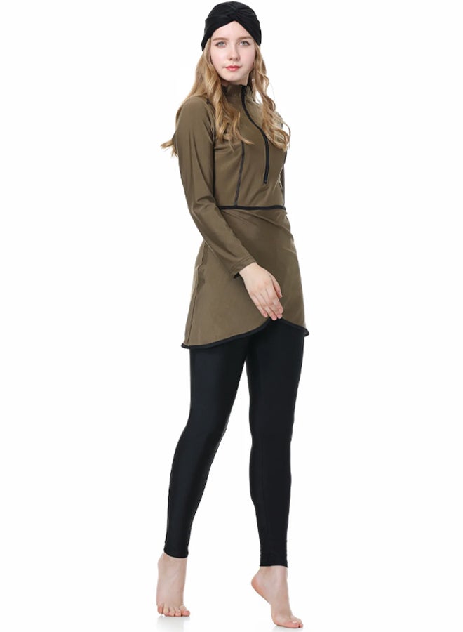 MARGOUN Women 2XL Size Muslim Swimming Costume for Women 3 Piece Full Coverage Zipper Front Swimwear Islamic Rash Guard Brown - Image 5