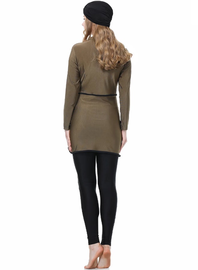 MARGOUN Women 2XL Size Muslim Swimming Costume for Women 3 Piece Full Coverage Zipper Front Swimwear Islamic Rash Guard Brown - Image 4