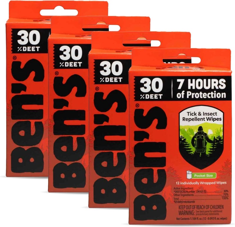 Ben's Tick & Insect Repellent Wipes - 30% DEET for Mosquitoes, Ticks & More - Up to 7 Hours of Protection - Alcohol- & Fragrance-Free - 12 Wipes (4 Pack) - Image 1