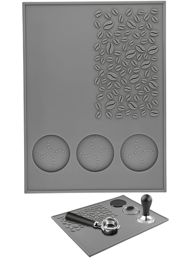 Premium Silicone Bar Mat with Coffee Bean Pattern – Grey Color, 32×24 cm, Featuring 3 Dedicated Spots for Coffee Tools for Professional and Organized Brewing - Image 1