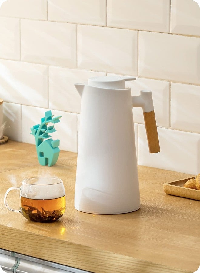 Baffect Thermal Carafe, 34oz Thermal Vacuum Carafe with Glass Liner and Wood Handle Insulated Coffee Carafe for Coffee Tea Hot or Cold Drinks(1 Liter, White) - Image 1