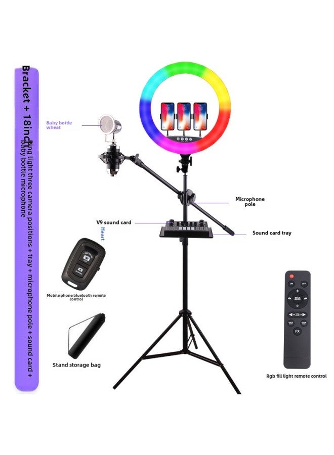 18-inch RGB Fill Light Mobile Phone Live Support Tripod TikTok Anchor Colorful LED Ring Lighting Light-Color:18-inch RGB Fill Light +2.1 M Bracket + Three-position + V9 Sound Card + Feeding Bottle Microphone  - Image 1