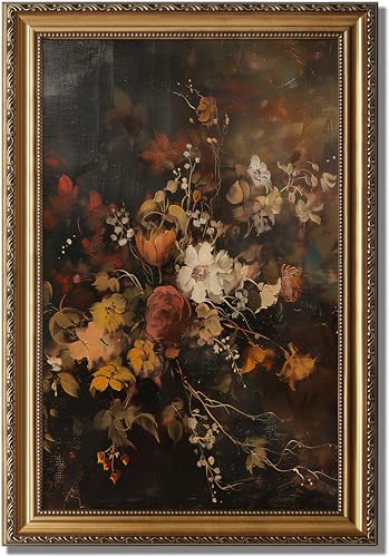 KBKBART Gold Framed Canvas Wall Art for Living Room Vintage Fall Floral Oil Painting Farmhouse Decor Dark Autumn Flower Canvas Art Prints Moody Botanical Wall Decor Rustic Floral Wall Decor for Bathroom Bedroom Living Room Vintage Art Wall Deco r 16x24 - Image 1