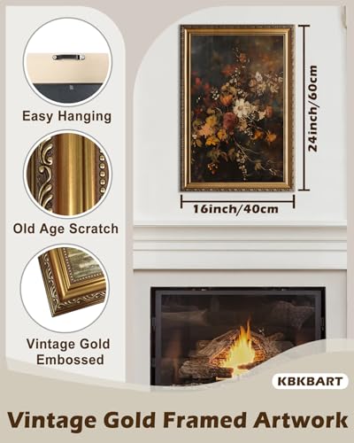 KBKBART Gold Framed Canvas Wall Art for Living Room Vintage Fall Floral Oil Painting Farmhouse Decor Dark Autumn Flower Canvas Art Prints Moody Botanical Wall Decor Rustic Floral Wall Decor for Bathroom Bedroom Living Room Vintage Art Wall Deco r 16x24 - Image 3