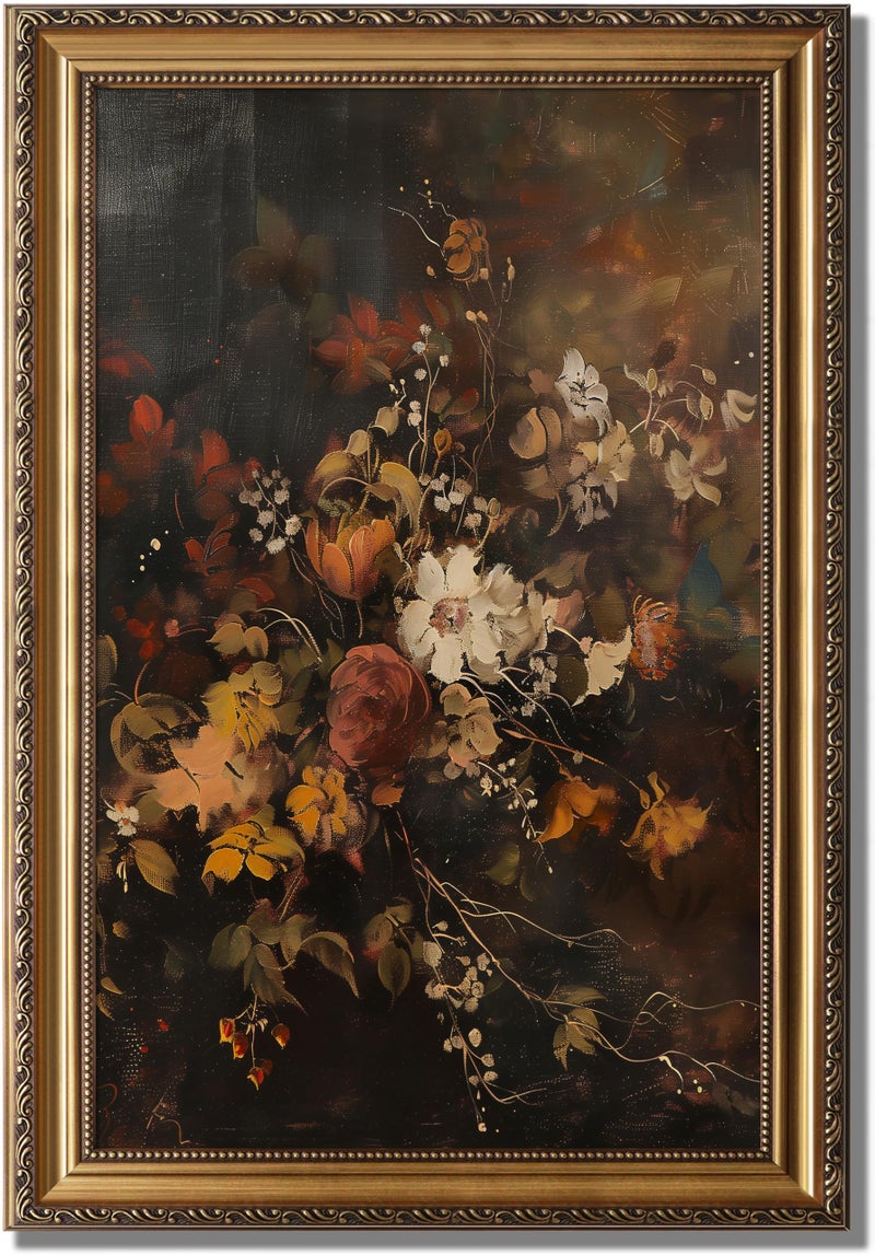 KBKBART Gold Framed Canvas Wall Art for Living Room Vintage Fall Floral Oil Painting Farmhouse Decor Dark Autumn Flower Canvas Art Prints Moody Botanical Wall Decor Rustic Floral Wall Decor for Bathroom Bedroom Living Room Vintage Art Wall Deco r 16x24 - Image 2