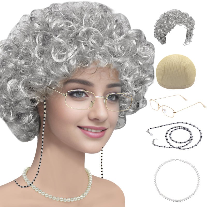 Cupohus Old Lady Costume Set Grandma Wig 100 Days of School Costume Madea Granny Glasses Eyeglass Chains Cords Faux Pearl Bead Necklace Old Lady Cosplay Set 5 Pieces (silver white afro) - Image 1