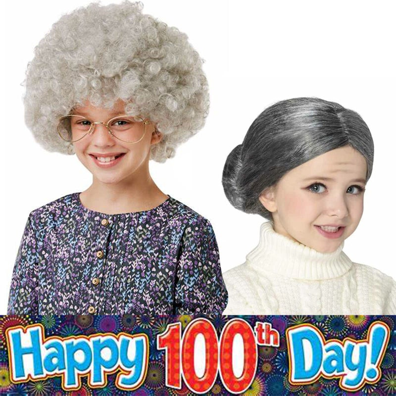 Cupohus Old Lady Costume Set Grandma Wig 100 Days of School Costume Madea Granny Glasses Eyeglass Chains Cords Faux Pearl Bead Necklace Old Lady Cosplay Set 5 Pieces (silver white afro) - Image 5