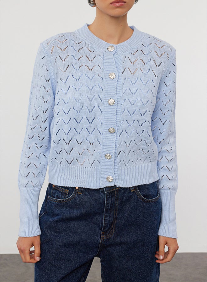 trendyol Blue Openwork/Hollow Out Crop/Short Knitwear 2-Piece Blouse-Cardigan Set - Image 3