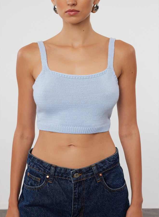 trendyol Blue Openwork/Hollow Out Crop/Short Knitwear 2-Piece Blouse-Cardigan Set - Image 4