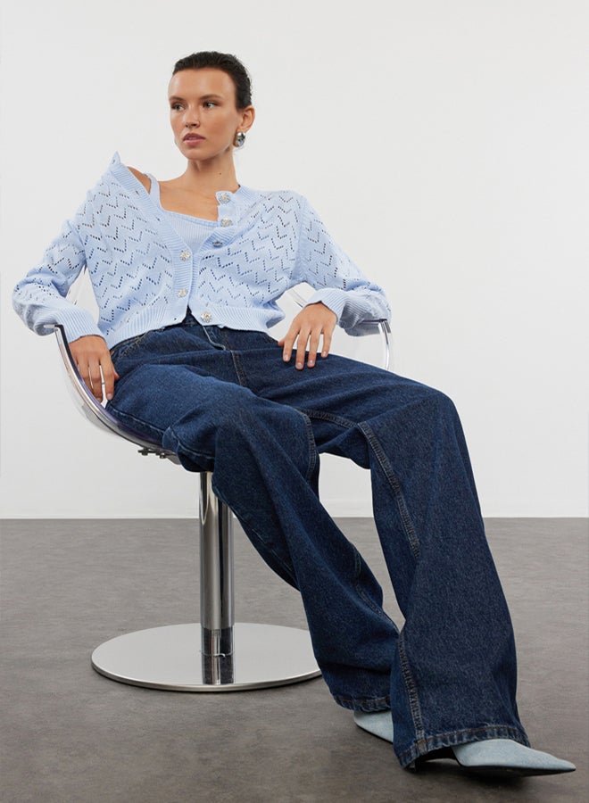 trendyol Blue Openwork/Hollow Out Crop/Short Knitwear 2-Piece Blouse-Cardigan Set - Image 2