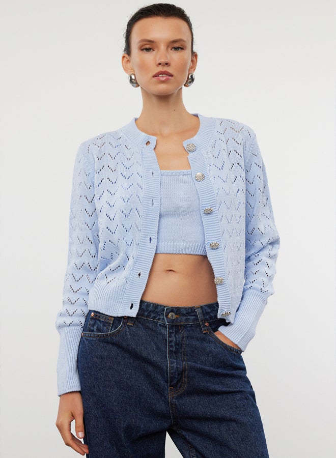 trendyol Blue Openwork/Hollow Out Crop/Short Knitwear 2-Piece Blouse-Cardigan Set - Image 1