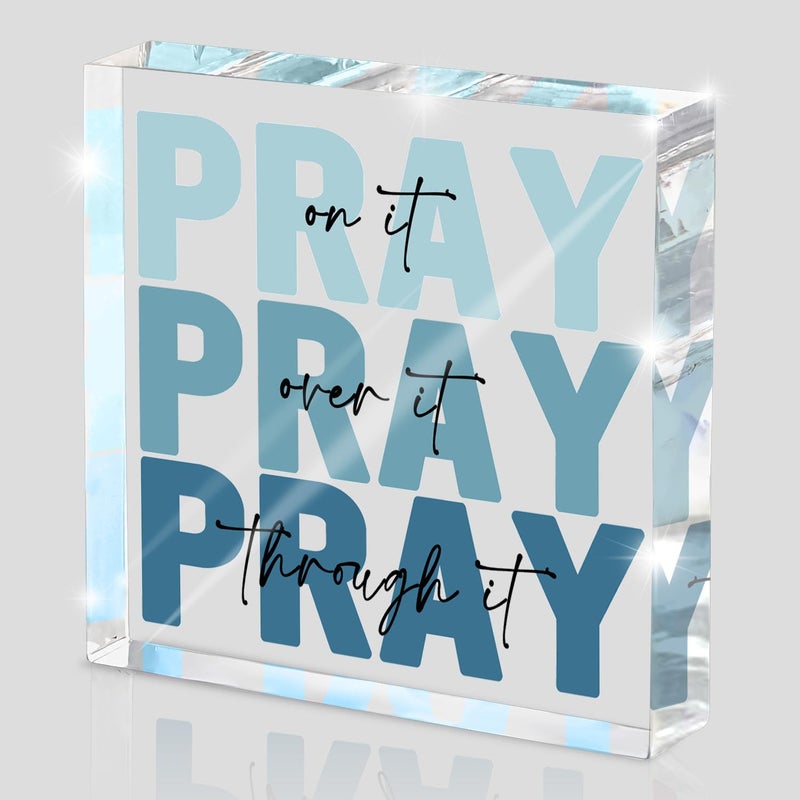 zaxek Religious Gifts for Women - Pray on it Pray over it Pray through it Acrylic Sign Decorative for Home Office Pastor Farmhouse Living Room Church Table Desk Bookshelf Decoration (Blue) - Image 1