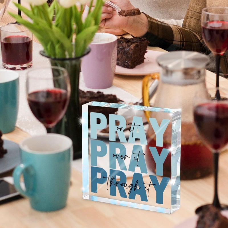 zaxek Religious Gifts for Women - Pray on it Pray over it Pray through it Acrylic Sign Decorative for Home Office Pastor Farmhouse Living Room Church Table Desk Bookshelf Decoration (Blue) - Image 3