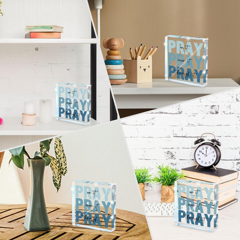 zaxek Religious Gifts for Women - Pray on it Pray over it Pray through it Acrylic Sign Decorative for Home Office Pastor Farmhouse Living Room Church Table Desk Bookshelf Decoration (Blue) - Image 4