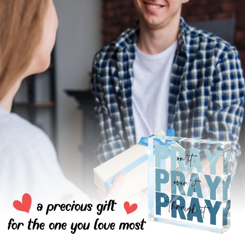 zaxek Religious Gifts for Women - Pray on it Pray over it Pray through it Acrylic Sign Decorative for Home Office Pastor Farmhouse Living Room Church Table Desk Bookshelf Decoration (Blue) - Image 5