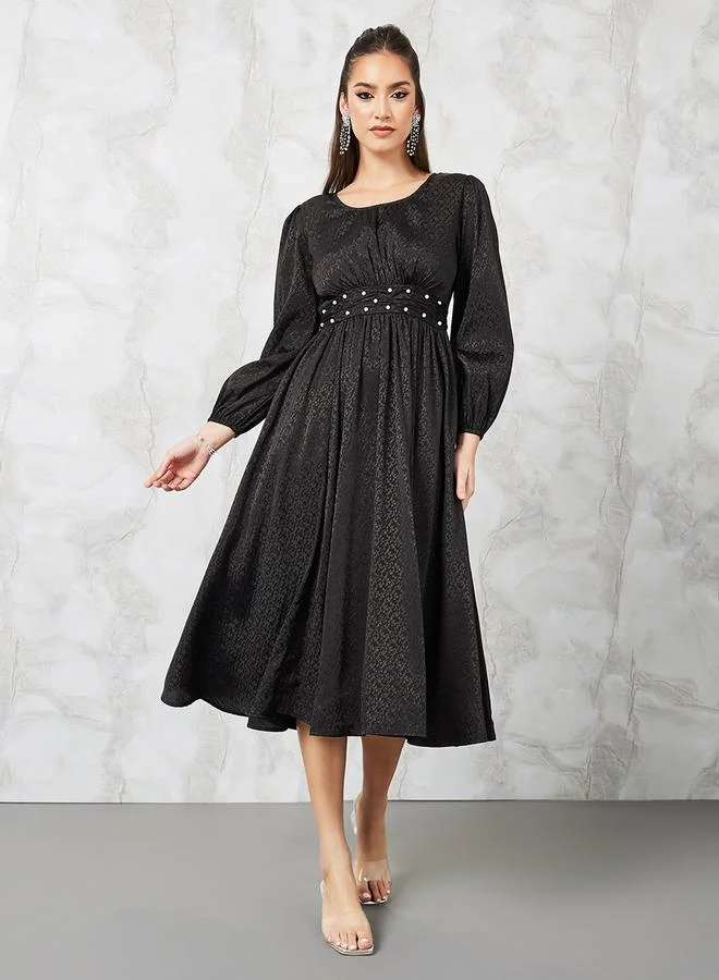 Styli Beaded Waist Jacquard A-Line Midi Dress