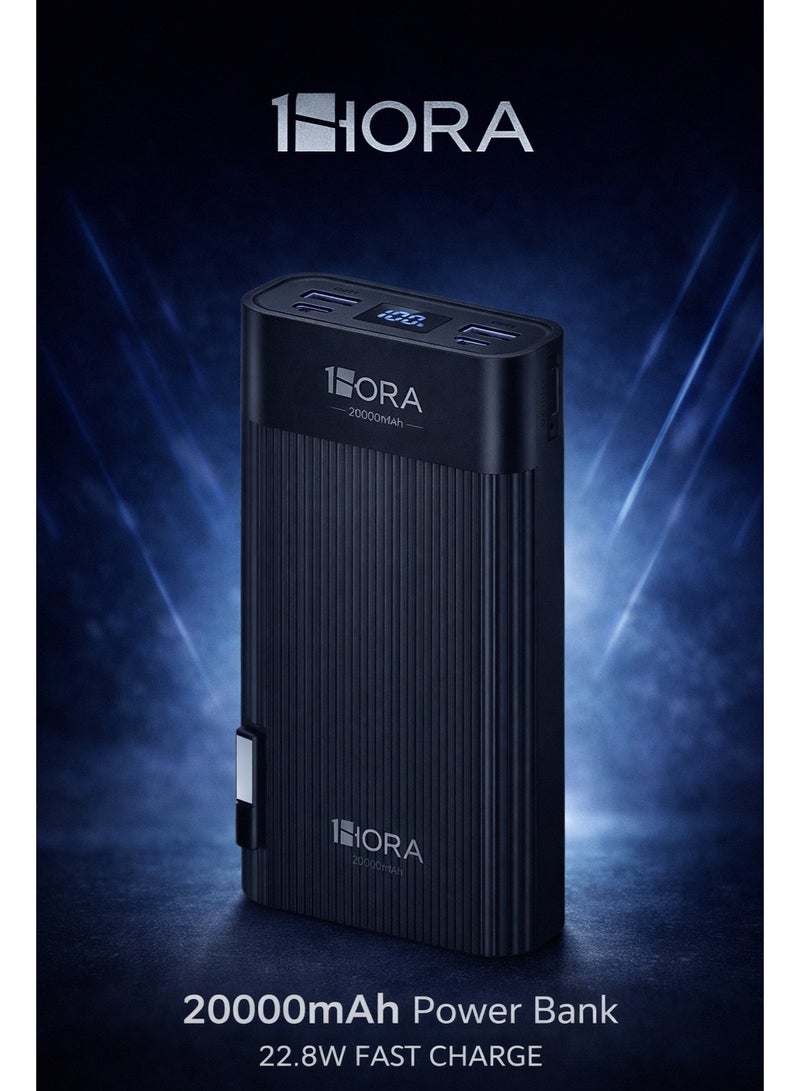 باور بانك 1HORA GAR117 سعة 20000 مللي أمبير - قدرة شحن 10.5 واط كحد أقصى، منفذ USB مزدوج، شاشة LED ذكية، تصميم محزز مانع للانزلاق، شاحن محمول عالي السعة - أسود