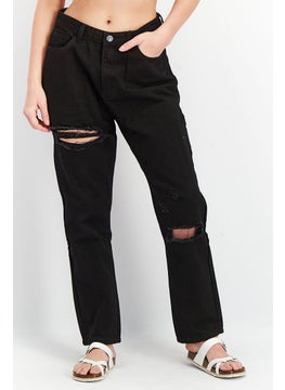 Women Regular Fit High Rise Solid Rip Jeans, Black