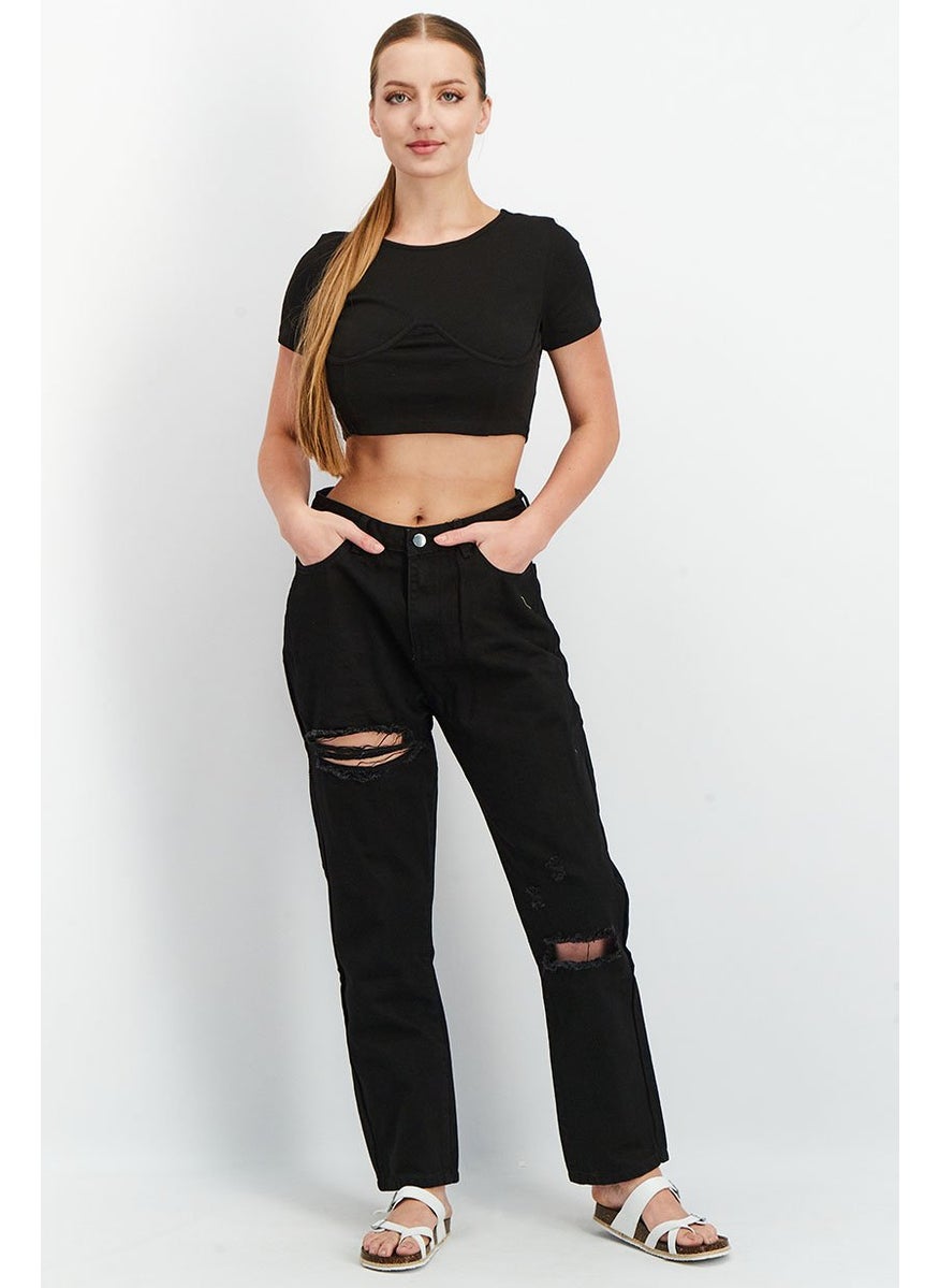I SAW IT FIRST - Women Regular Fit High Rise Solid Rip Jeans, Black - Image 1