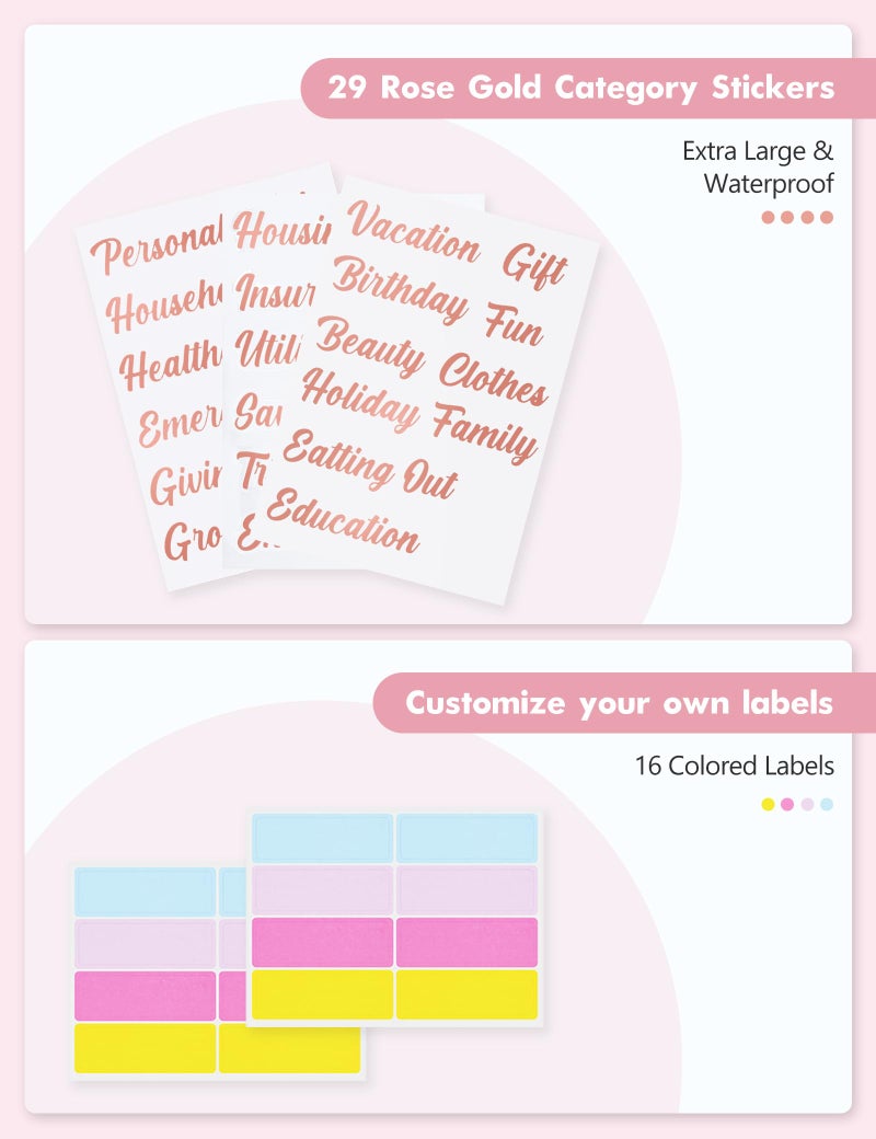 Zreal A6 Budget Binder for Money Saving, PU Leather Budget Planner with 8 Cash Envelopes, Budget Sheets & Rose Gold Category Stickers, Money Organizer for Cash (Pink Bow) - Image 5
