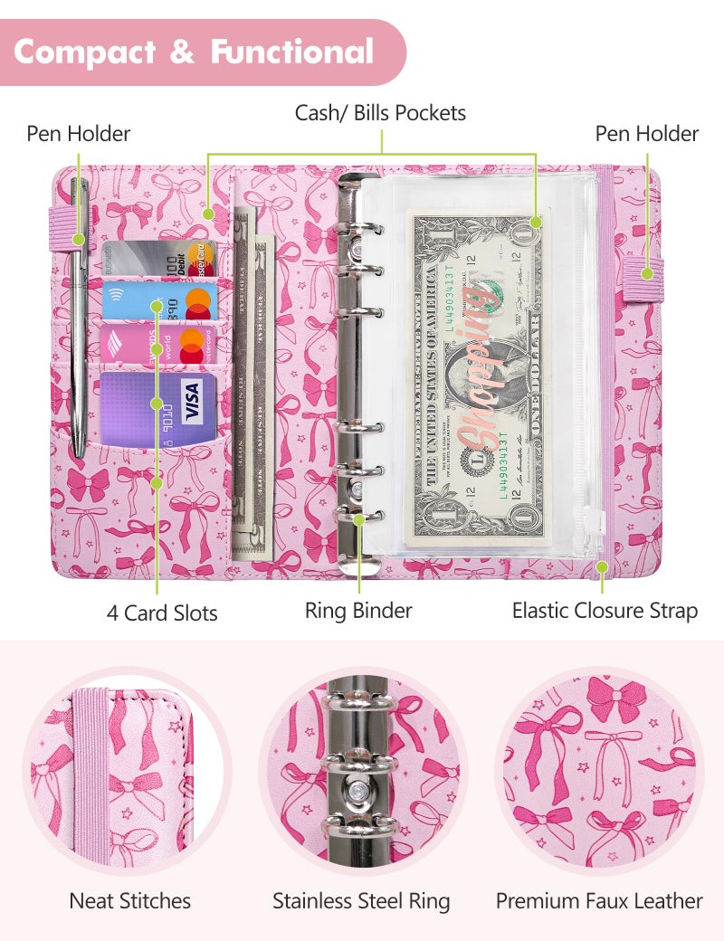 Zreal A6 Budget Binder for Money Saving, PU Leather Budget Planner with 8 Cash Envelopes, Budget Sheets & Rose Gold Category Stickers, Money Organizer for Cash (Pink Bow) - Image 3